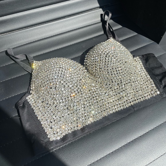 Women's Rhinestone Shining Diamond Push up Bustier Club Party Bra - Picture 5 of 7